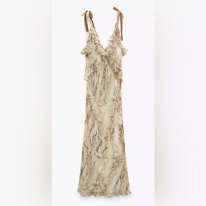 ZARA 2023 Snakeskin Maxi Dress w/ Frills/Ruffles & tie straps Size XS